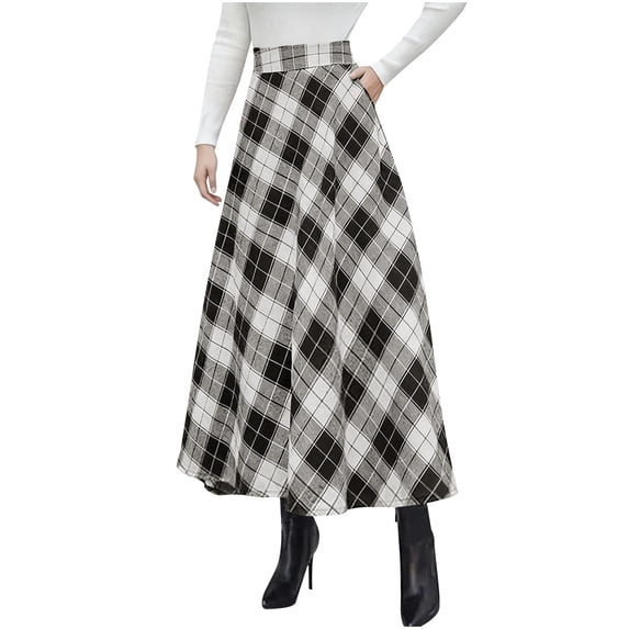ClodeEU Women's Plaid Maxi Skirts ,Fall Winter A Line Long Skirts , High Waisted Trendy Dress with Pockets Black,Womens Plus XL