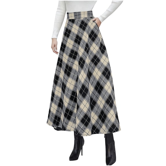 ClodeEU Women's Plaid Maxi Skirts ,Fall Winter A Line Long Skirts , High Waisted Trendy Dress with Pockets Blue,Womens Plus XXXXL