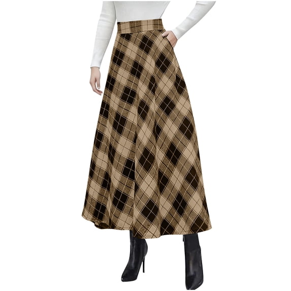 ClodeEU Women's Plaid Maxi Skirts ,Fall Winter A Line Long Skirts , High Waisted Trendy Dress with Pockets Khaki,Womens Plus XXXL