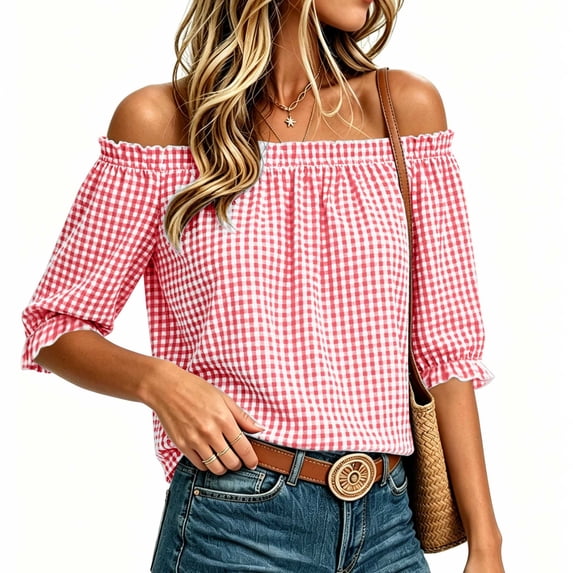 ClodeEU Women's Plaid Off Shoulder Blouse,Short Puff Sleeve Cropped Casual Summer Top Red-Plaid ^,Women's Plus XXL