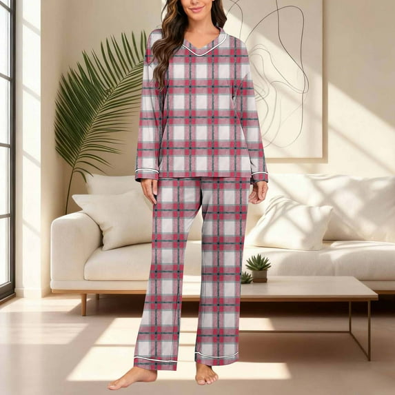 ClodeEU Women's Plaid Print Cozy Long Sleeve Pajama Set With Pants,V Neck Tee Loose Pant Set Hot Pink,Womens Plus XL