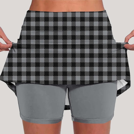ClodeEU Women's Plaid Print High Waisted Yoga Shorts with Pockets ,Slim Fit 2 in 1 Athletic Skirt Shorts for Running Black,Womens Plus M