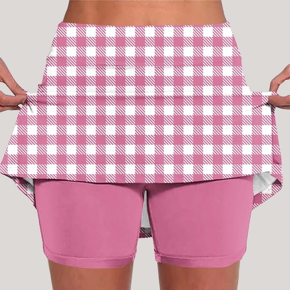 ClodeEU Women's Plaid Print High Waisted Yoga Shorts with Pockets ,Slim Fit 2 in 1 Athletic Skirt Shorts for Running Hot Pink,Womens Plus XXL