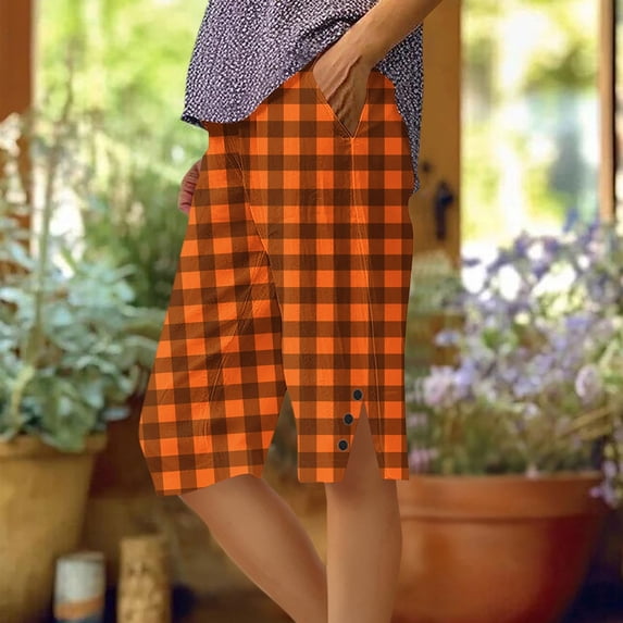 ClodeEU Women's Plaid Print Loose Fit Straight Leg Knee Length Shorts with Pockets and Side Slit Button,Casual Summer Bermuda Pants Orange,Womens Plus S