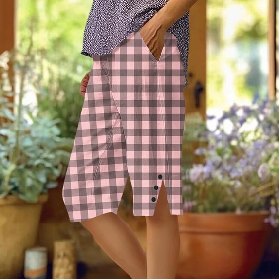 ClodeEU Women's Plaid Print Loose Fit Straight Leg Knee Length Shorts with Pockets and Side Slit Button,Casual Summer Bermuda Pants Pink,Womens Plus S