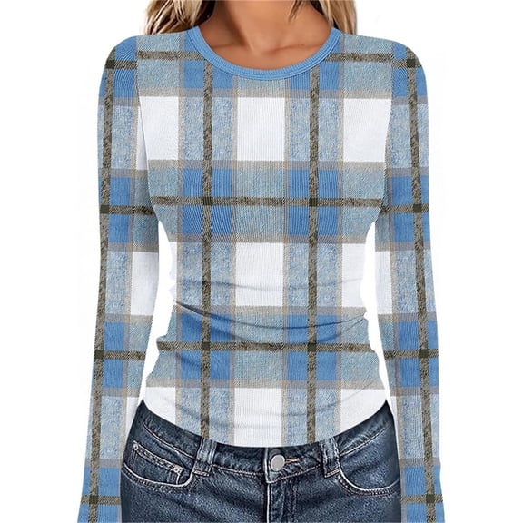 ClodeEU Women's Plaid Rib Knit Slimming Top with Print,Round Neck Long Sleeves Blouse Light Blue#,Womens Plus XXL