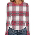 thumbnail image 1 of ClodeEU Women's Plaid Rib Knit Slimming Top with Print,Round Neck Long Sleeves Blouse Red#,Womens Plus L, 1 of 7
