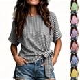 thumbnail image 1 of ClodeEU Women's Plaid Round Neck Short Sleeve Blouse,Casual Summer Wrap Tie Waist Top Blue,Women's Plus XL, 1 of 6