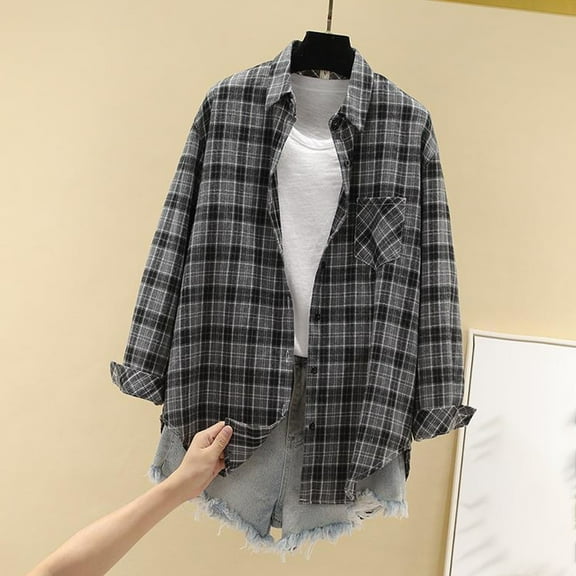 ClodeEU Women's Plaid Shirts , Button Down Lapel Shirts ,Long Sleeve Casual Jacket Black,Womens Plus S