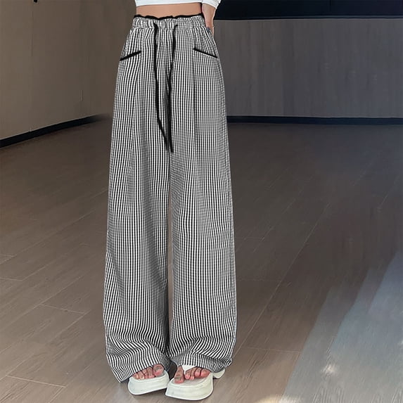 ClodeEU Women's Plaid Straight Leg Long Pants ,Drawstring Paperbag Waist Loose Trousers with Pockets Black,Womens Plus M