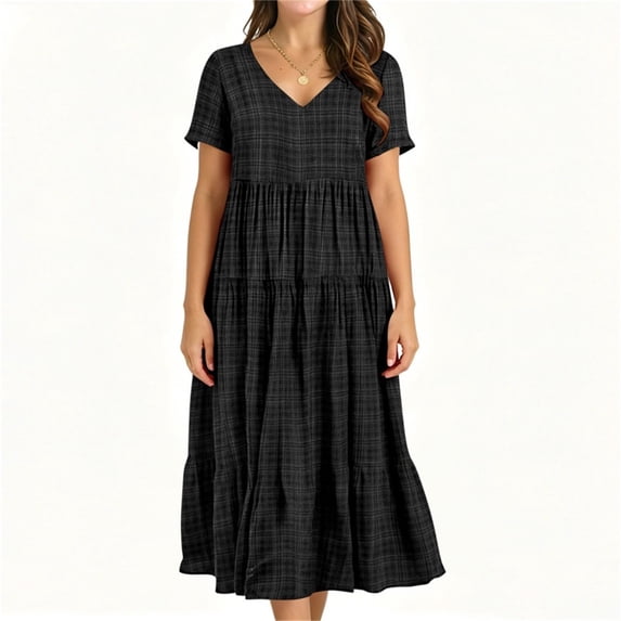 ClodeEU Women's Plaid V Neck Short Sleeve Midi Dress,Casual Loose Swing Dress Black,Women's Plus L