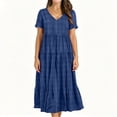 thumbnail image 1 of ClodeEU Women's Plaid V Neck Short Sleeve Midi Dress,Casual Loose Swing Dress Blue,Women's Plus M, 1 of 6