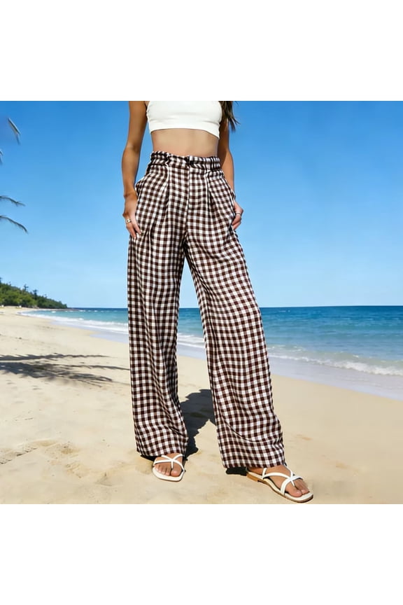 Women's Plaid Wide Leg Trousers with Elastic Waist,Lounge Y2k Trousers with Pocket Coffee,Womens Plus S