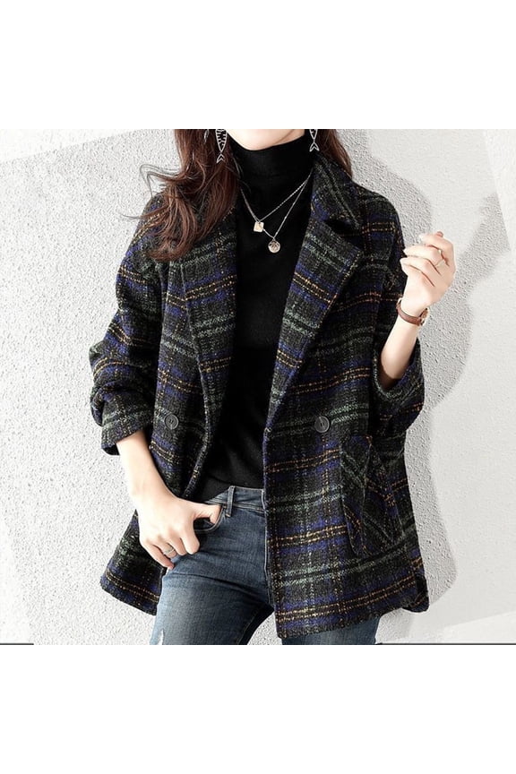 Women's Plaid Wool Blend Blazer Jacket With Pockets, Fall Lapel Collar Suit Jacket Outwear Black,Womens Plus L