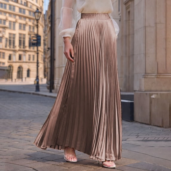 ClodeEU Women's Pleated Elastic Waist Ankle Length Skirt,Solid Color Casual Flowy Maxi Skirt Khaki,Womens Plus XL