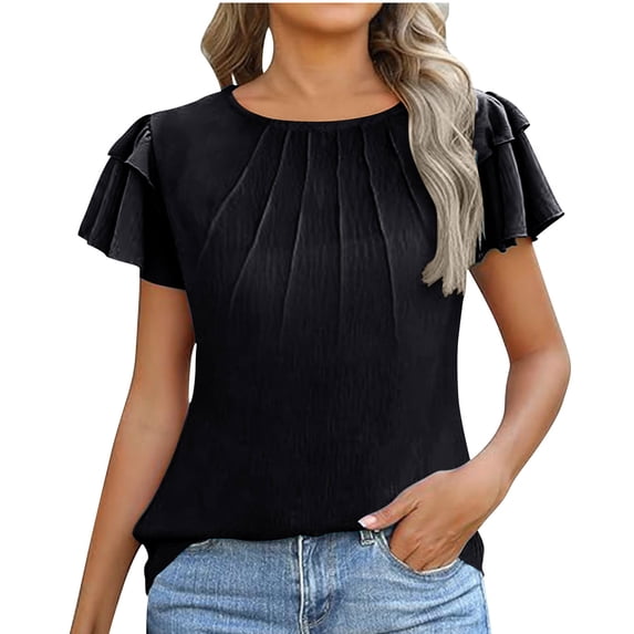ClodeEU Women's Pleated Short Sleeve Crewneck Top ,Solid Color Casual Summer Blouse Black,Womens Plus XXL
