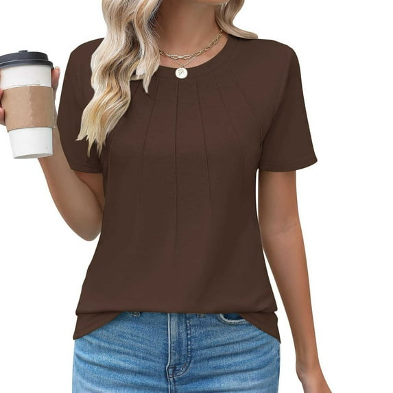ClodeEU Women's Pleated Short Sleeve Tee ,Solid Color Round Neck Summer T Shirts Tops Brown,Womens Plus M