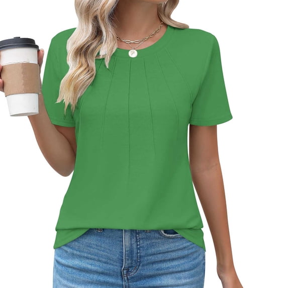 ClodeEU Women's Pleated Short Sleeve Tee ,Solid Color Round Neck Summer T Shirts Tops Green,Womens Plus L