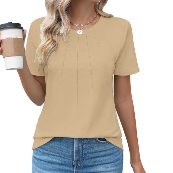 ClodeEU Women's Pleated Short Sleeve Tee ,Solid Color Round Neck Summer T Shirts Tops Khaki,Womens Plus L