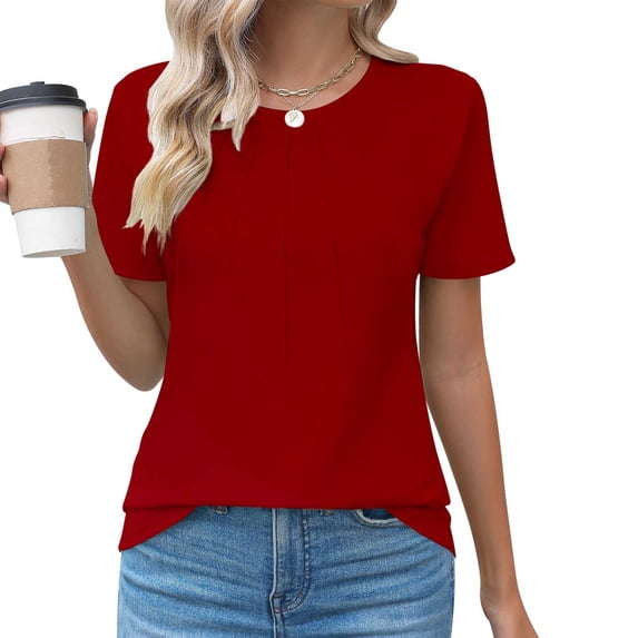 ClodeEU Women's Pleated Short Sleeve Tee ,Solid Color Round Neck Summer T Shirts Tops Wine,Womens Plus L