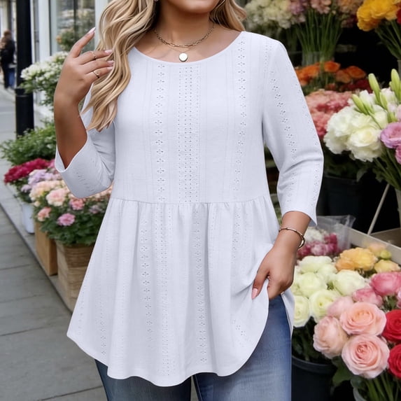 ClodeEU Women's Plus Size Crochet Lace Round Neck Top,Asymmetric Hem Long/3/4 Sleeve Blouse White,Womens Plus L
