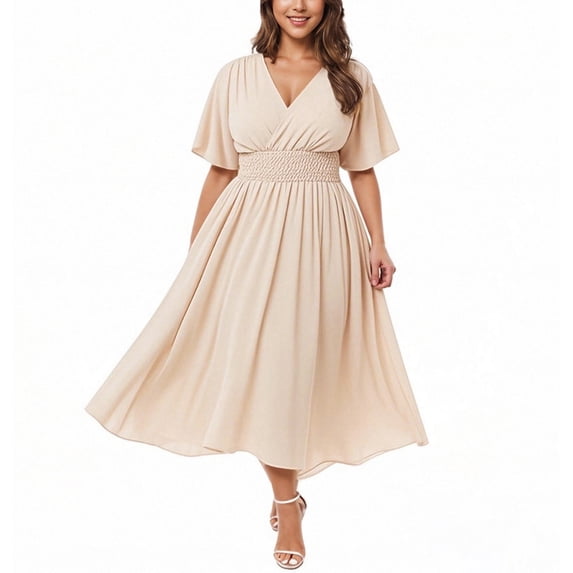 ClodeEU Women's Plus Size Dress, V-Neck Short Sleeved Dress With Ruffled Sleeves, Medium Length Skirt Beige,Womens Plus XXXL