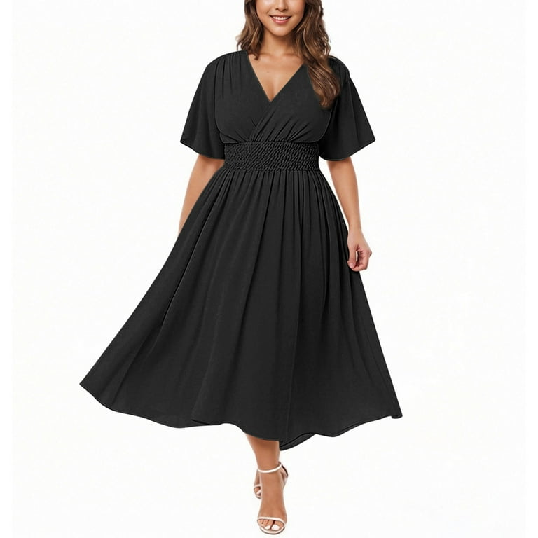 ClodeEU Women's Plus Size Dress, V-Neck Short Sleeved Dress With Ruffled Sleeves, Medium Length Skirt Black,Womens Plus L - Walmart.com ClodeEU Women's Plus Size Dress, V-Neck Short Sleeved Dress With Ruffled Sleeves, Medium Length Skirt Black,Womens Plus L - Walmart.com