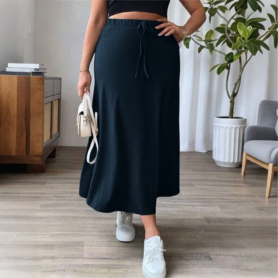 ClodeEU Women's Plus Size Elaist Waist Drawstring Skirt with Side Slit ,Casual Soft Midi Skirt Navy,Womens Plus XL