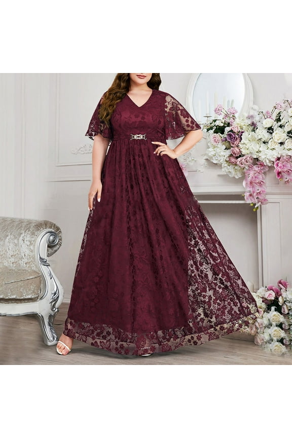 U Women's Plus Size Elegant Lace Chiffon V Neck Maxi Dress,Butterfly Flowy Maxi Dresses With Rhinestone Ribbon Waist A-Wine,Womens Plus XXXXL
