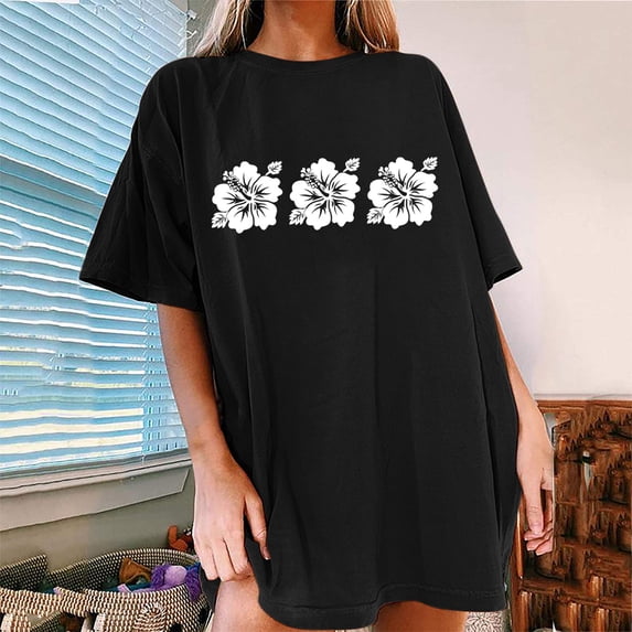 ClodeEU Women's Plus Size Floral Print Drop Shoulder Short Sleeve T-Shirt ,Loose Fit Casual Crewneck Top Black,Womens Plus S