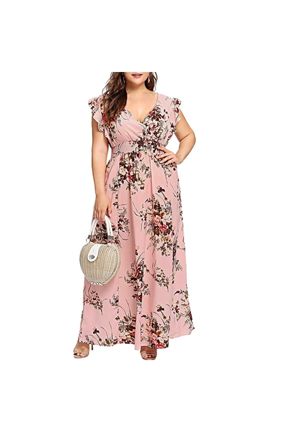 U Women's Plus Size Floral Print Flutter Sleeve Tunic Maxi Dress ,Casual Summer Maxi Dress Pink,Womens Plus L