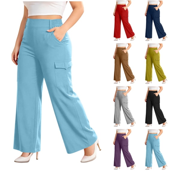 ClodeEU Women's Plus Size High Waisted Stretchy Wide Leg Pants,Casual Trousers with Pockets Light Blue,Women's Plus XXXXL
