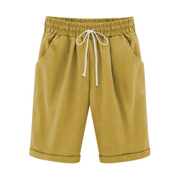 ClodeEU Women's Plus Size Linen Blend Knee Length Shorts,Casual Trendy Bermuda Pants Yellow,Womens Plus S