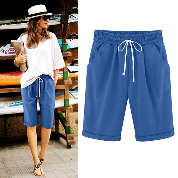 ClodeEU Women's Plus Size Linen Blend Knee Length Shorts,Solid Color Casual Bermuda Pants Blue,Womens Plus XXXXXL