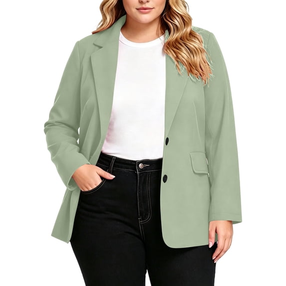 ClodeEU Women's Plus Size Long Sleeve Notch Collar Blazer,Solid Color Casual Work Jacket Green,Women's Plus XL