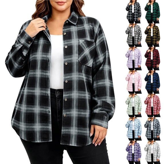 ClodeEU Women's Plus Size Plaid Button Down Shirt,Long Sleeve Collared Casual Oversized Shacket ,Women's L-XXXXXL