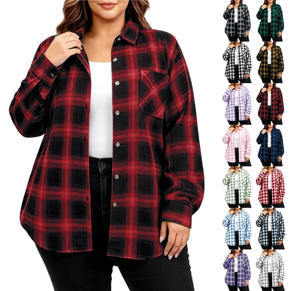 ClodeEU Women's Plus Size Plaid Button Down Shirt,Long Sleeve Collared Casual Oversized Shacket ,Women's L-XXXXXL