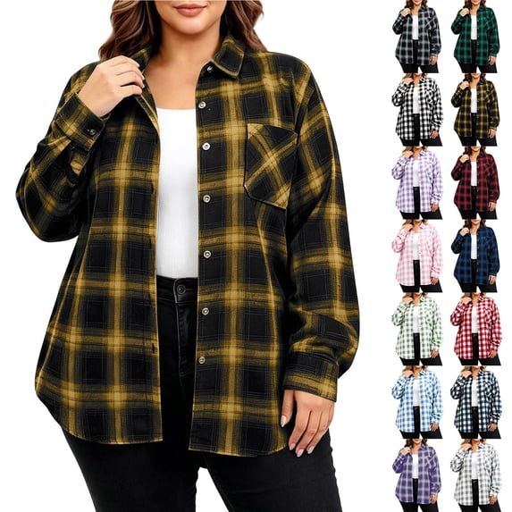 ClodeEU Women's Plus Size Plaid Button Down Shirt,Long Sleeve Collared Casual Oversized Shacket ,Women's L-XXXXXL