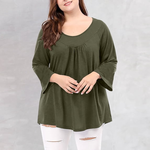 ClodeEU Women's Plus Size Raglan Sleeve Top ,Pleated Round Neck 3/4 Sleeve Loose Fit Blouse Army Green,Womens Plus L