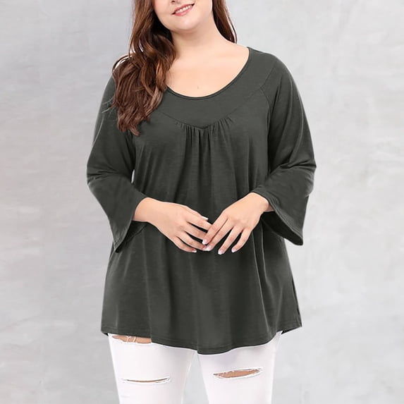 ClodeEU Women's Plus Size Raglan Sleeve Top ,Pleated Round Neck 3/4 Sleeve Loose Fit Blouse Dark Gray,Womens Plus XL