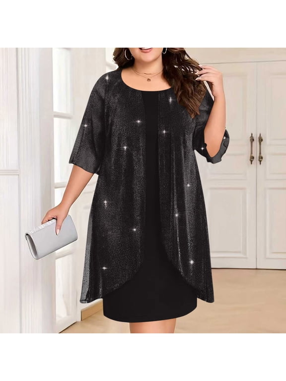 Women's Plus Size Sequin Round Neck 3/4 Sleeve Lace Overlay Midi Dress,Casual Loose Layered Short Dress Black,Women's Plus XXXXXL