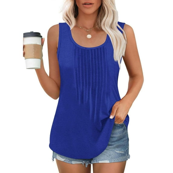 ClodeEU Women's Plus Size Solid Color Loose Fit Crewneck Sleeveless Casual Tank Blue,Womens Plus XXL