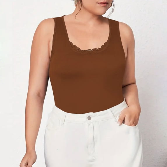 ClodeEU Women's Plus Size Solid Color U Neck Lace Trim Spaghetti Strap Sleeveless Tank Top ,Casual Camisole Coffee,Womens Plus XXXXXL