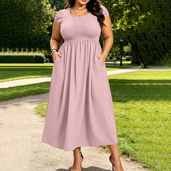 ClodeEU Women's Plus Size Square Neck Cap Sleeve Smocked Waist Midi Dress, Casual Summer Flowy Dress with Pockets Pink,Women's Plus L
