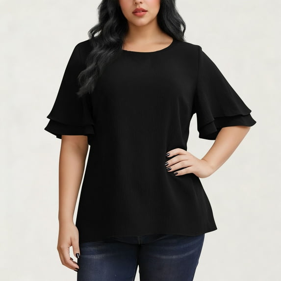 ClodeEU Women's Plus Size Tiered Ruffle Sleeve Blouse,Short Sleeve Round Neck Loose Shirt Black,Womens Plus XXXXL