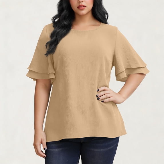 ClodeEU Women's Plus Size Tiered Ruffle Sleeve Blouse,Short Sleeve Round Neck Loose Shirt Khaki,Womens Plus XXXXL
