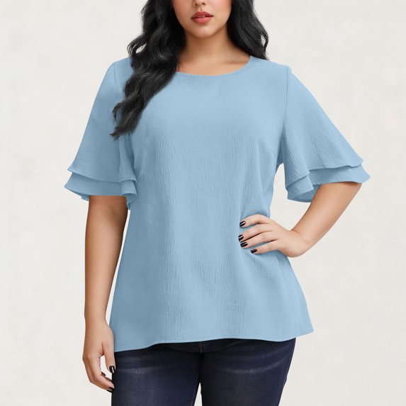 ClodeEU Women's Plus Size Tiered Ruffle Sleeve Blouse,Short Sleeve Round Neck Loose Shirt Light Blue,Womens Plus XXXL