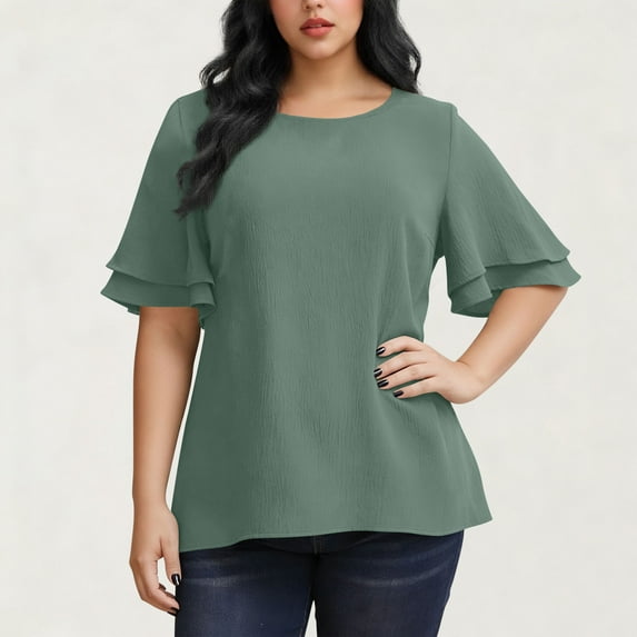 ClodeEU Women's Plus Size Tiered Ruffle Sleeve Blouse,Short Sleeve Round Neck Loose Shirt Mint Green,Womens Plus XL