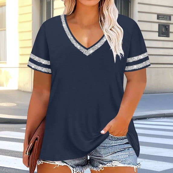 ClodeEU Women’s Plus Size V Neck Short Sleeve T-Shirt with Striped Trim, Casual Solid Color Top Navy,Women's Plus XXXXL