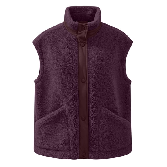ClodeEU Women's Plush Fleece Vest Jacket With Pockets,Lightweight Stand Collar Button Sleeveless Outwear Purple,Womens Plus L